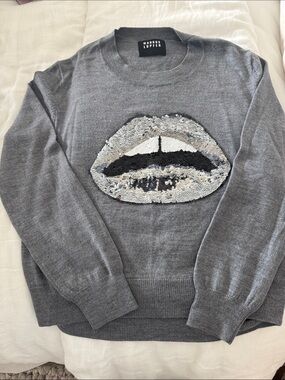 Markus Lupfer Gray Sequin Lip Sweater with Black Accents